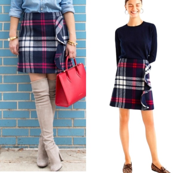 Crew Plaid Ruffle Double Serge Wool Mini Skirt